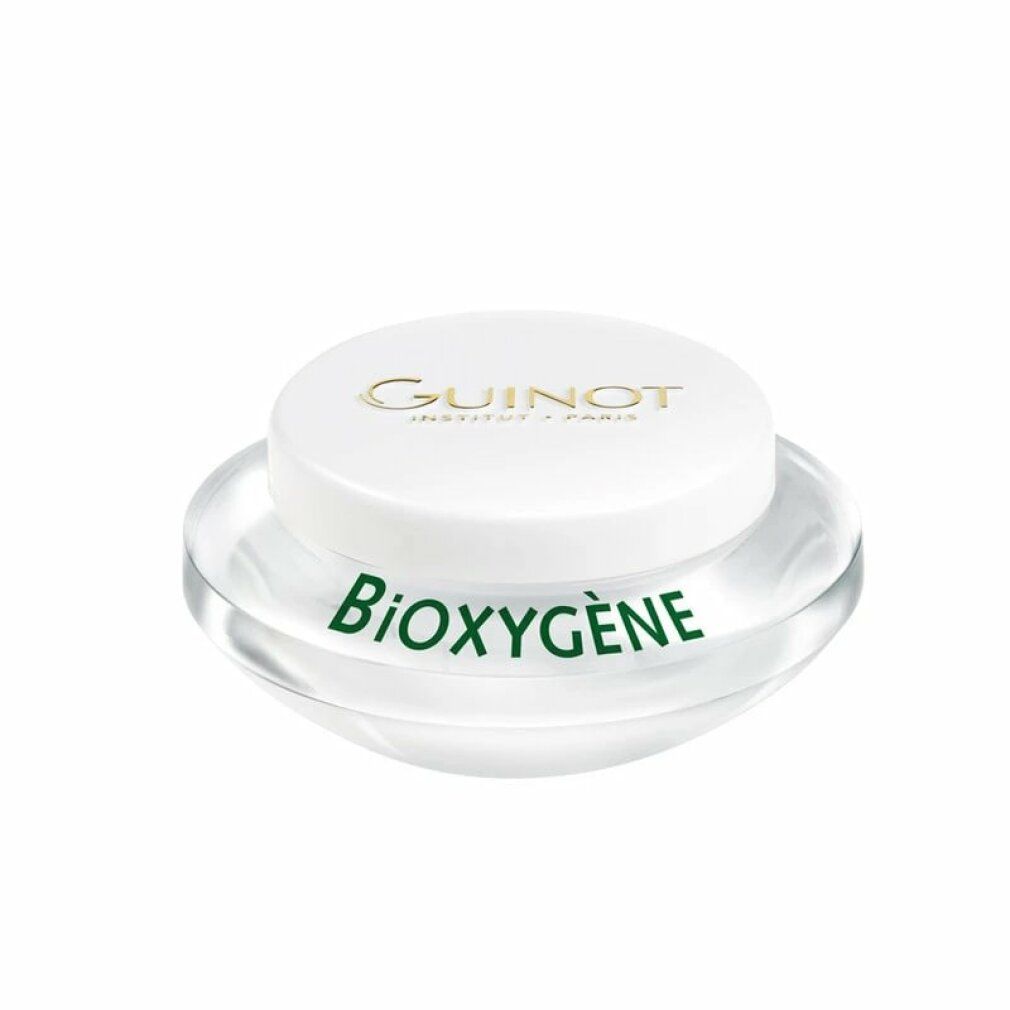 Crème Guinot Bioxygene dans un récipient transparent avec couvercle blanc.