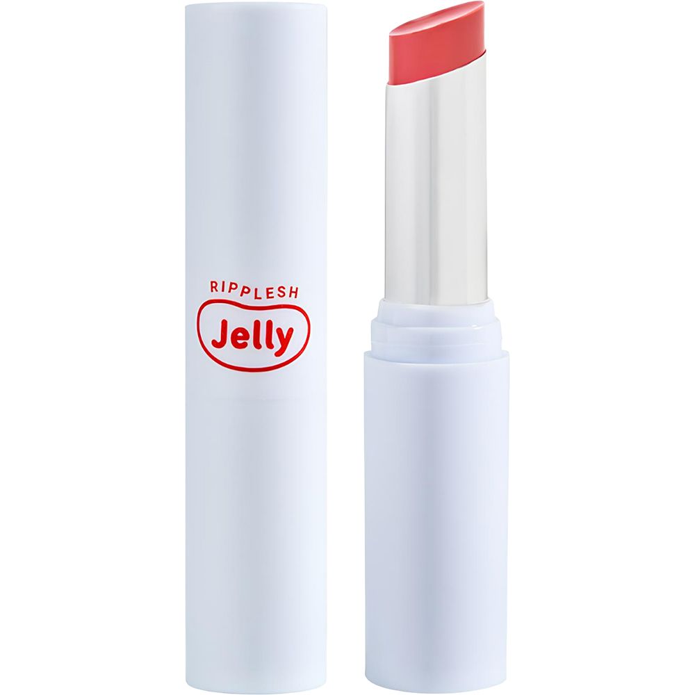 Witte lippenbalsemstift met rood Jelly-logo. De dop ligt ernaast.