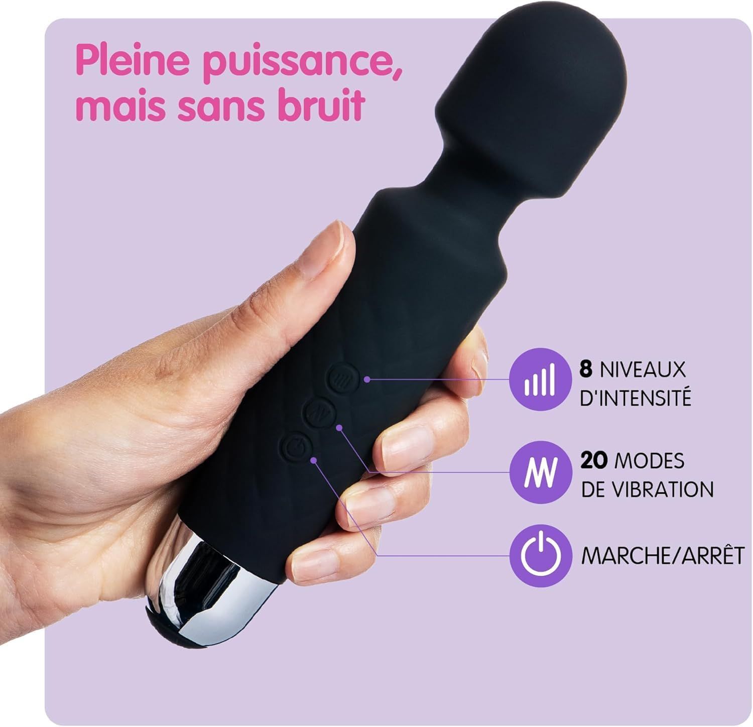Masseur baguette noir avec extrémité argentée. Affiche 8 niveaux d'intensité, 20 modes de vibration et des boutons marche/arrêt.