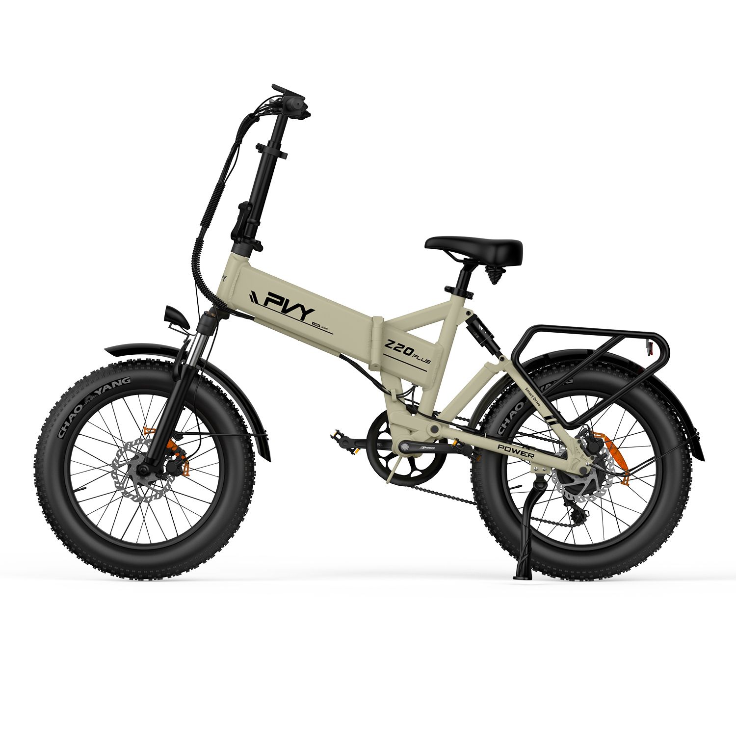Beige elektrische fiets met zwarte banden en bagagedrager. PVY Z20 Plus staat op het frame.