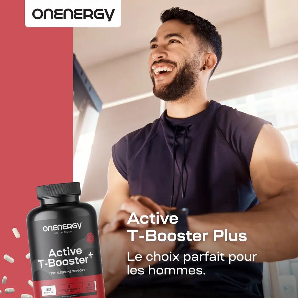 Homme souriant à côté d'une bouteille OnEnergy Active T-Booster Plus. "Le choix parfait pour les hommes."