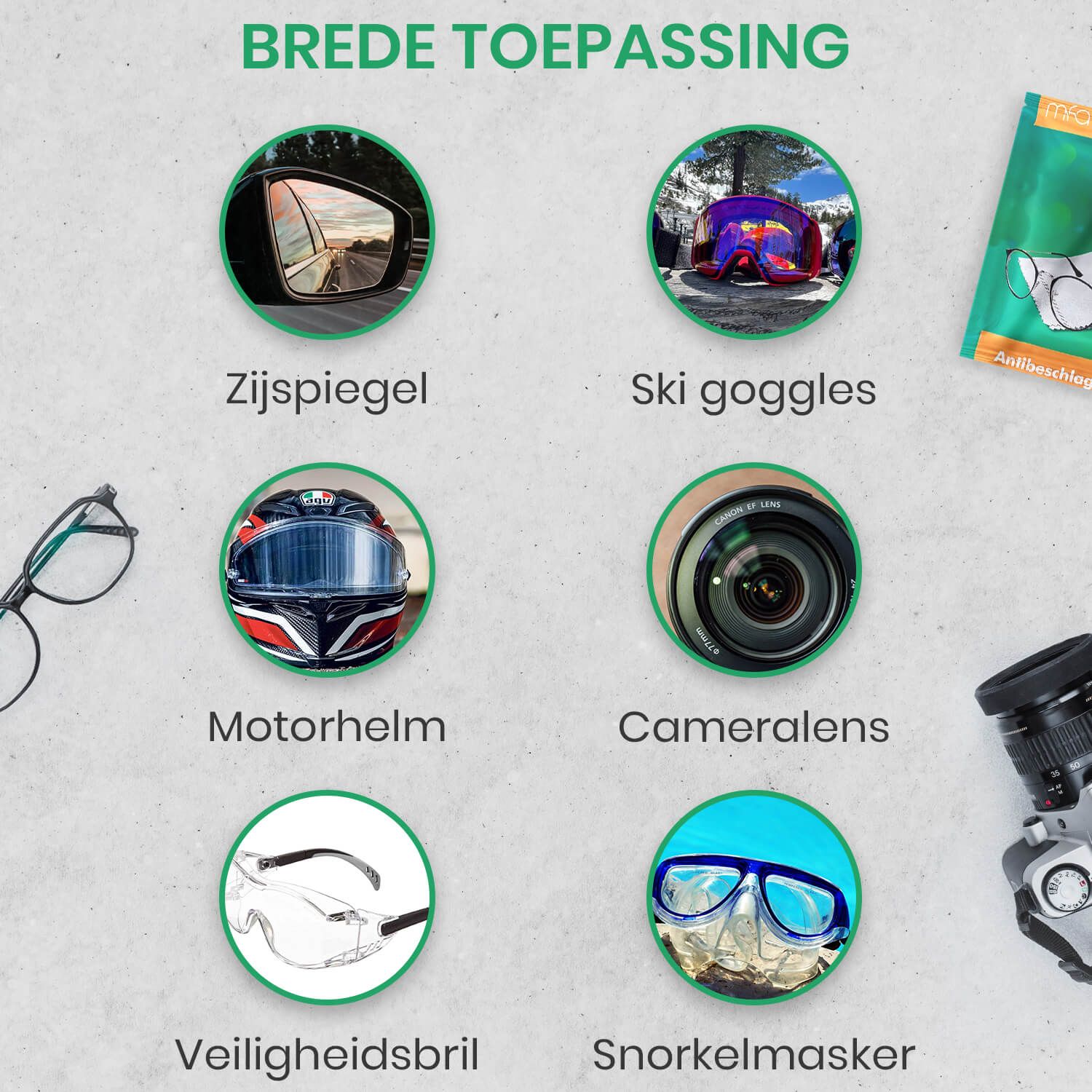 Toepassingsvoorbeelden: achteruitkijkspiegel, skibril, motorhelm, cameralens, veiligheidsbril, snorkelmasker.