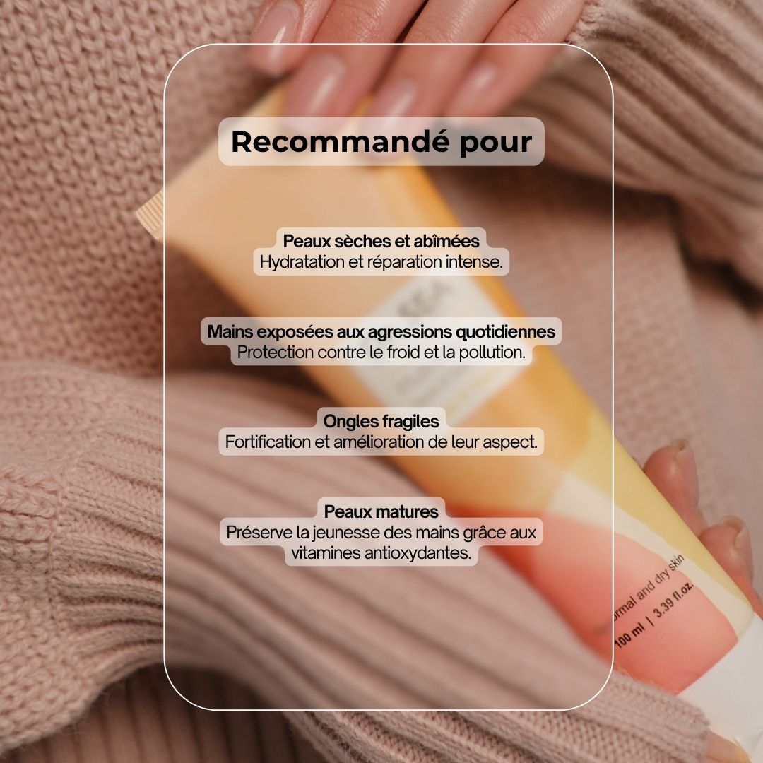 Deux mains, une avant et une après utilisation. Texte : Avant, Après. Amélioration visible de la peau.