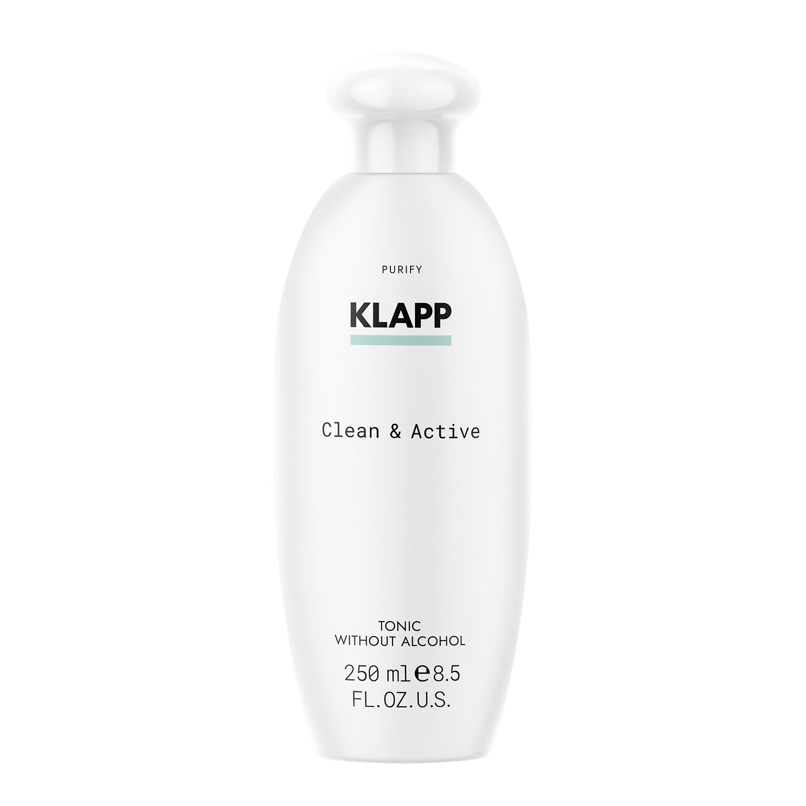 Witte fles met schroefdop. Boven: Klapp logo. Daaronder: Clean & Active. Onder: Tonic Without Alcohol, 250 ml.