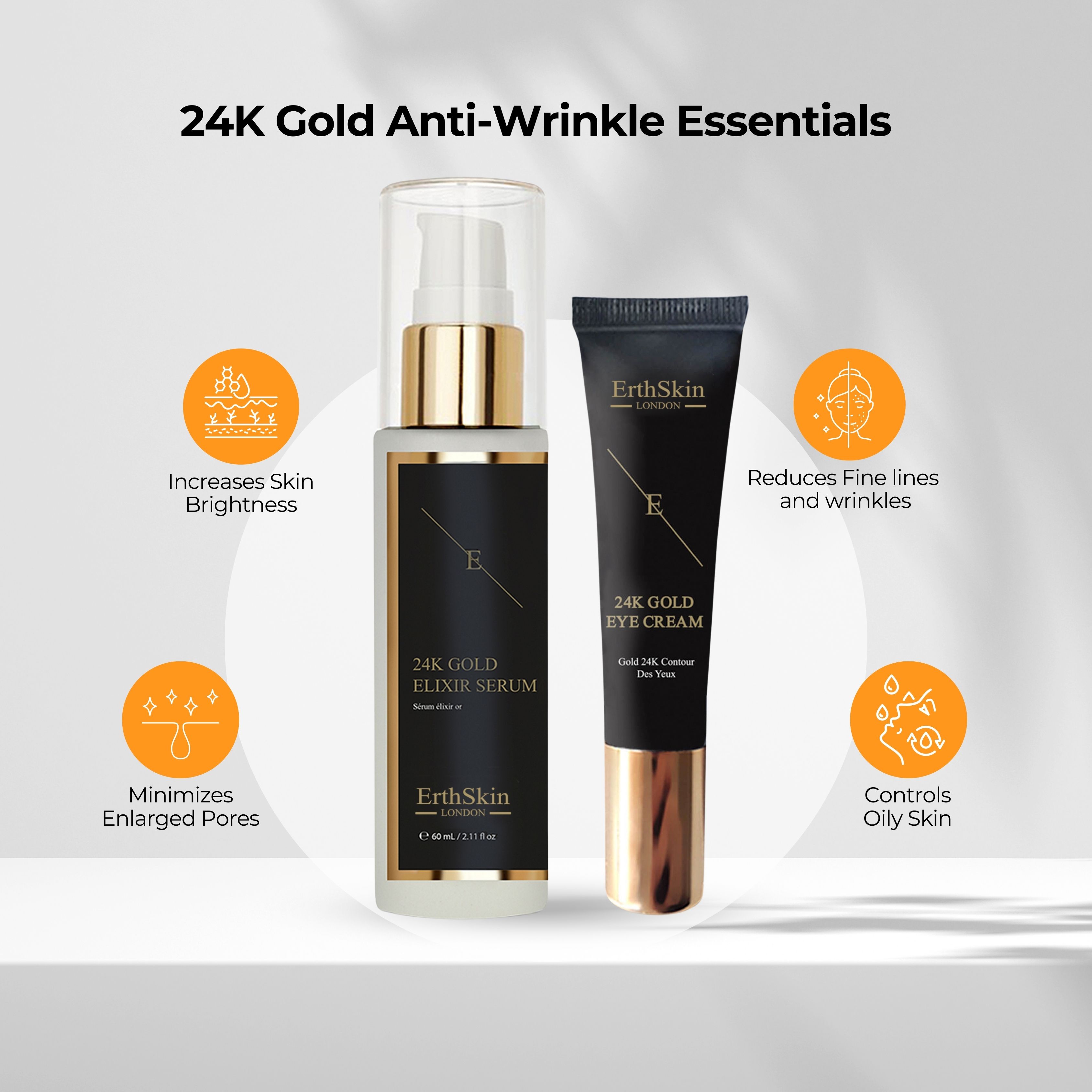 Serum- en oogcrème set. Fles en tube. Zwarte etiketten, gouden tekst. Merk: ErthSkin London. Extra iconen.