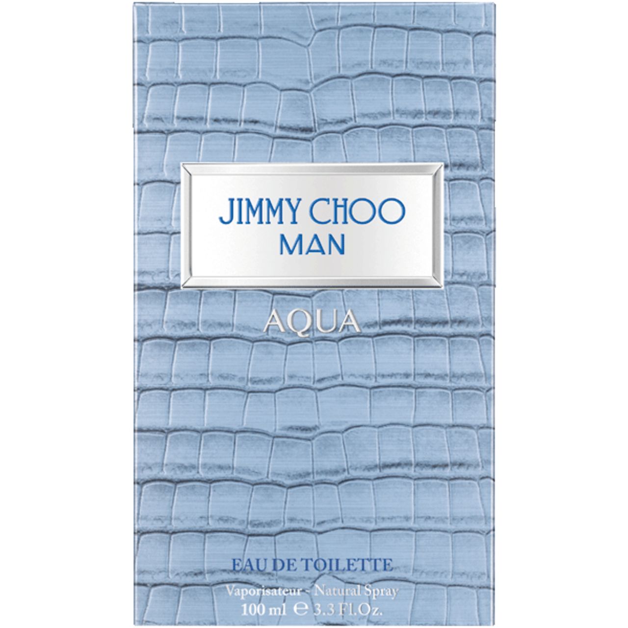 Emballage à motif crocodile. Inscription: JIMMY CHOO MAN AQUA. Fond bleu clair.
