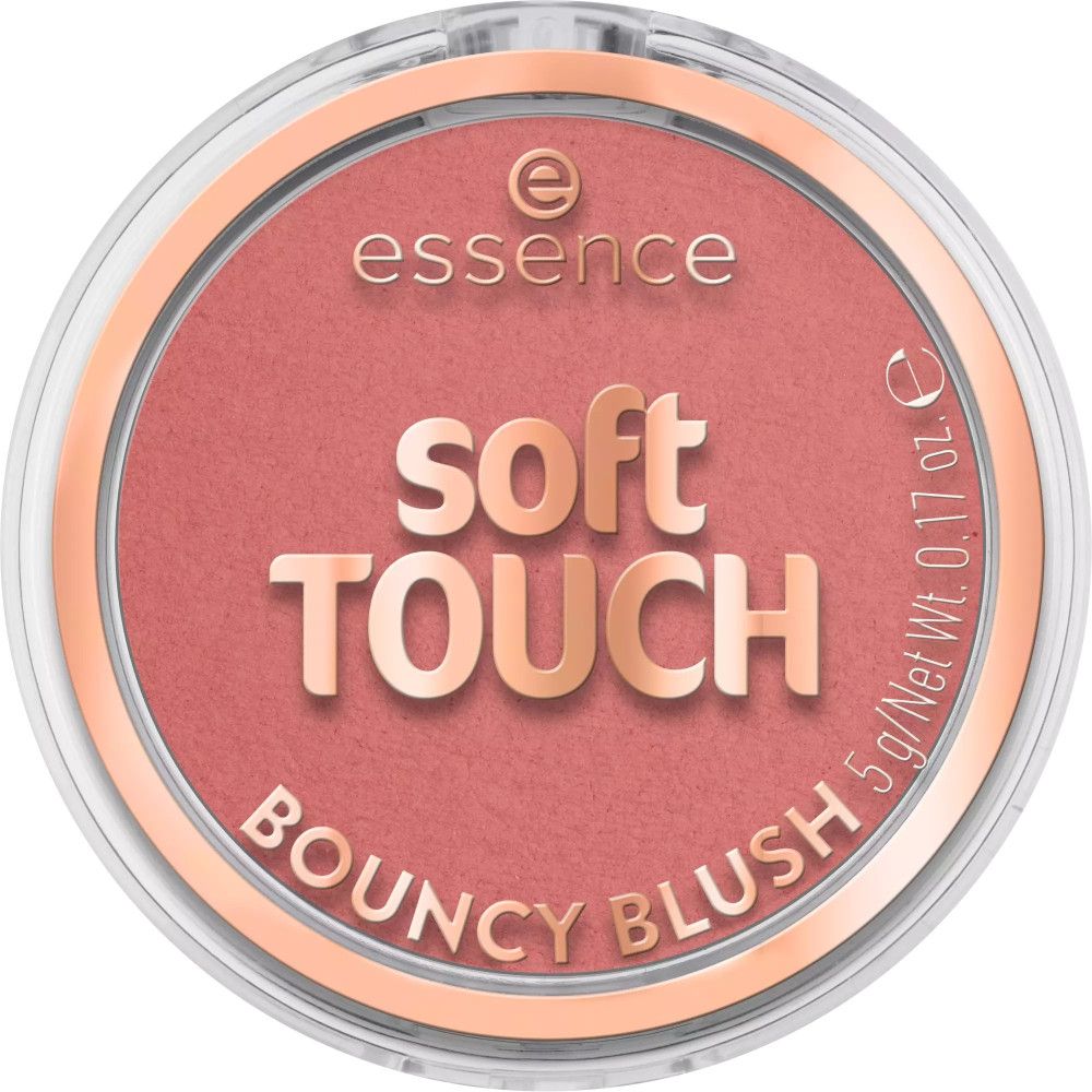 Boîtier de blush rond avec blush rose. "Soft Touch Bouncy Blush" et "5 g/Net Wt. 0.17 oz." sont écrits sur le boîtier.