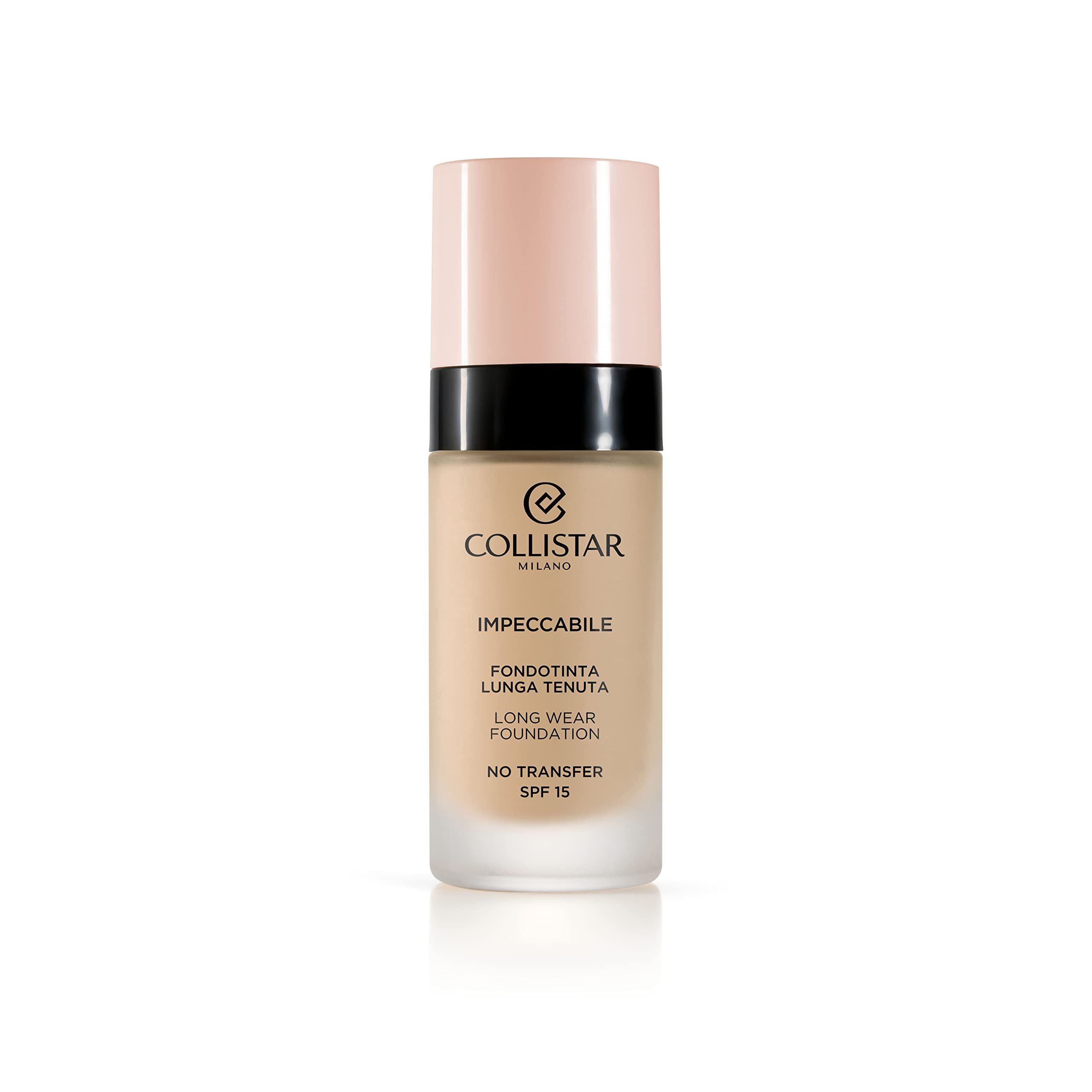 Flesje foundation Collistar. Roze dop, zwarte ring. Opschriften: Impeccabile, Fondotinta Lunga Tenuta, Long Wear Foundation, No Transfer, SPF 15.