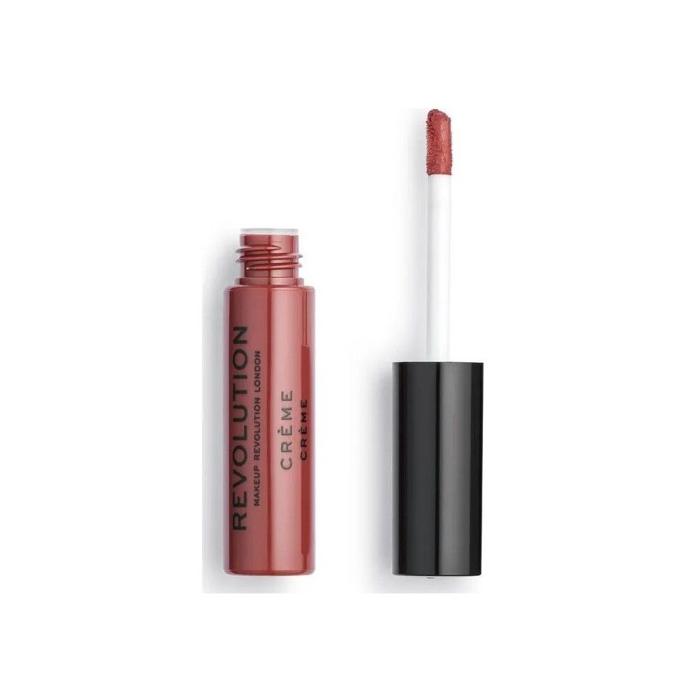 Flacon de rouge à lèvres ouvert avec applicateur. Flacon et bouchon noirs. Inscription: Revolution Crème.