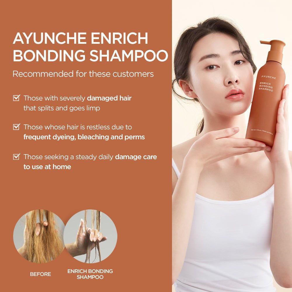 Femme tenant AYUNCHE Enrich Bonding Shampoo; recommandations et images avant/après.