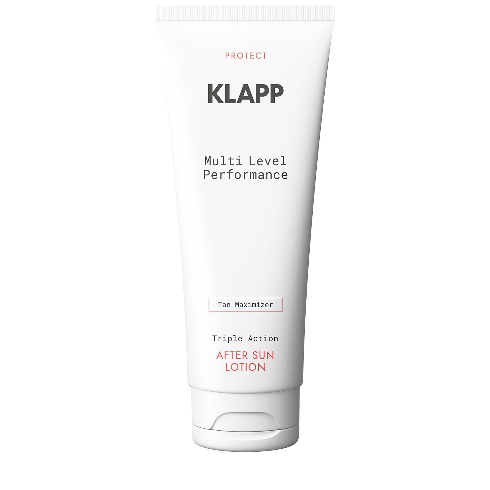Witte tube met KLAPP, Multi Level Performance, Tan Maximizer, After Sun Lotion. Bescherming.