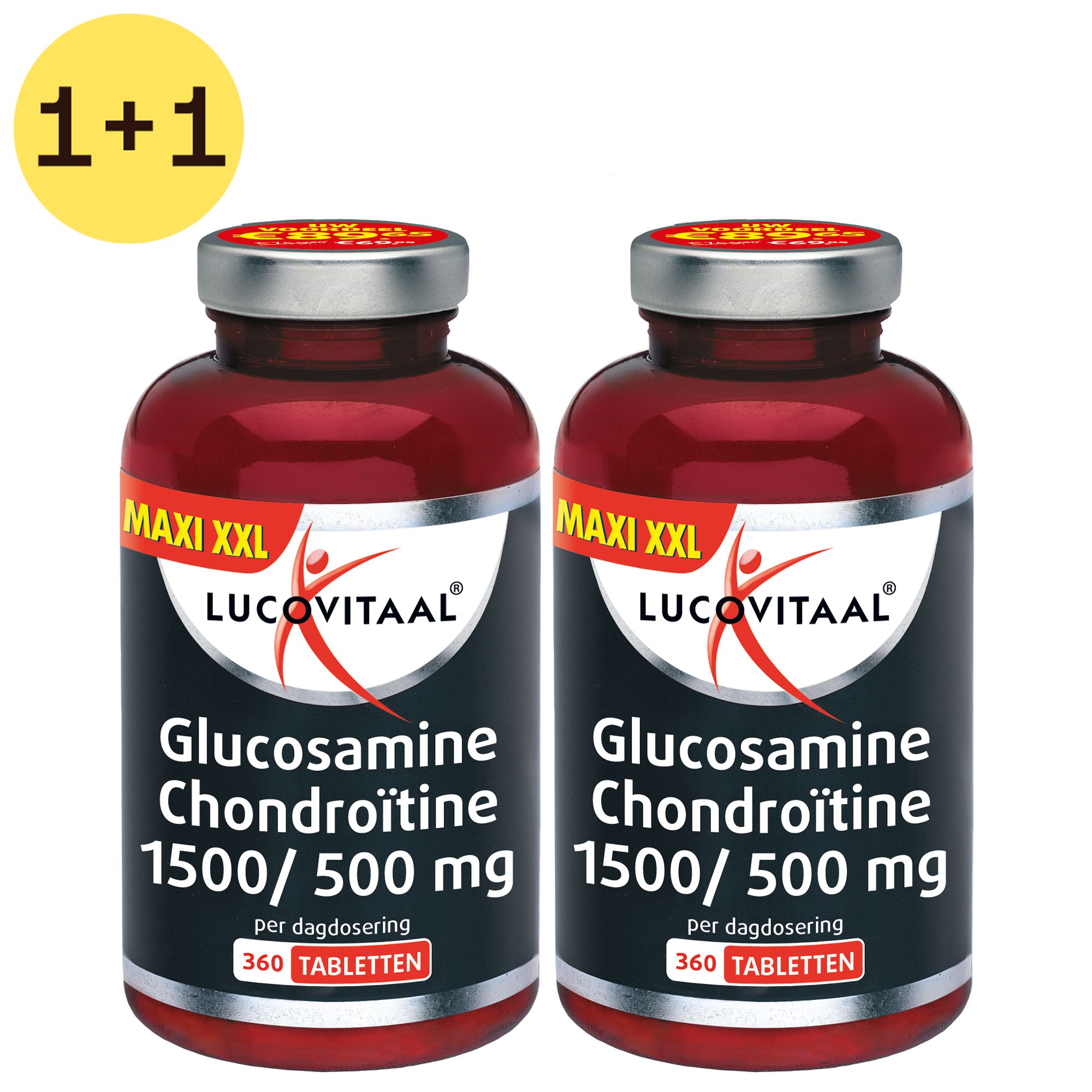 Deux flacons rouges avec étiquette noire. Inscription: Lucovitaal, Glucosamine Chondroïtine 1500/500 mg, 360 comprimés. MAXI XXL. Offre 1+1.