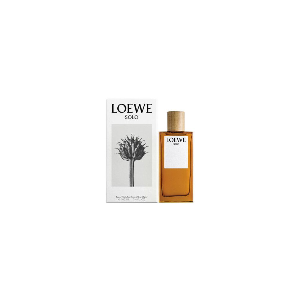 Flacon et emballage Loewe Solo Pour Homme Edt Spray. Flacon rectangulaire avec bouchon en bois. Emballage avec logo et motif floral.