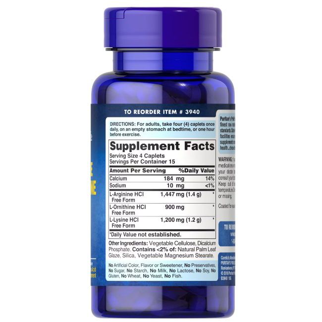 Flacon bleu de Puritan's Pride L-Arginine L-Ornithine L-Lysine. Informations nutritionnelles et ingrédients au dos.