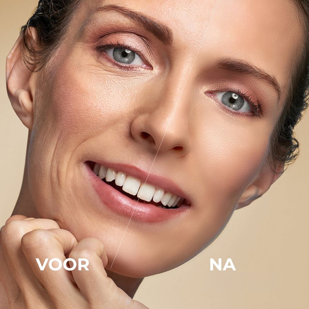 Vrouw houdt crèmepot vast. Aanbevolen voor: rijpere huid, droge huid, doffe huid, alle huidtypes. Oranje deksel.