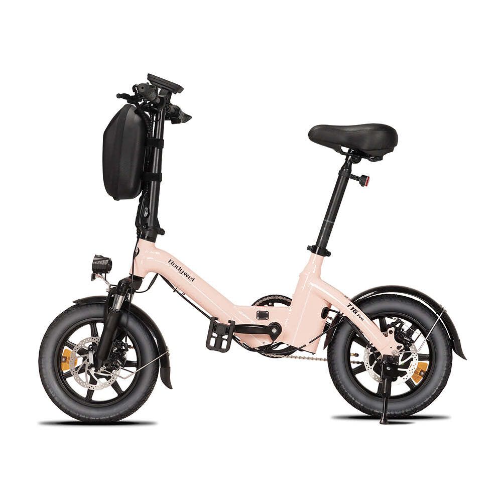 Roze opvouwbare e-bike. Zwarte banden, zadel en spatborden. Merk: Bodywel, model: T16 Pro.