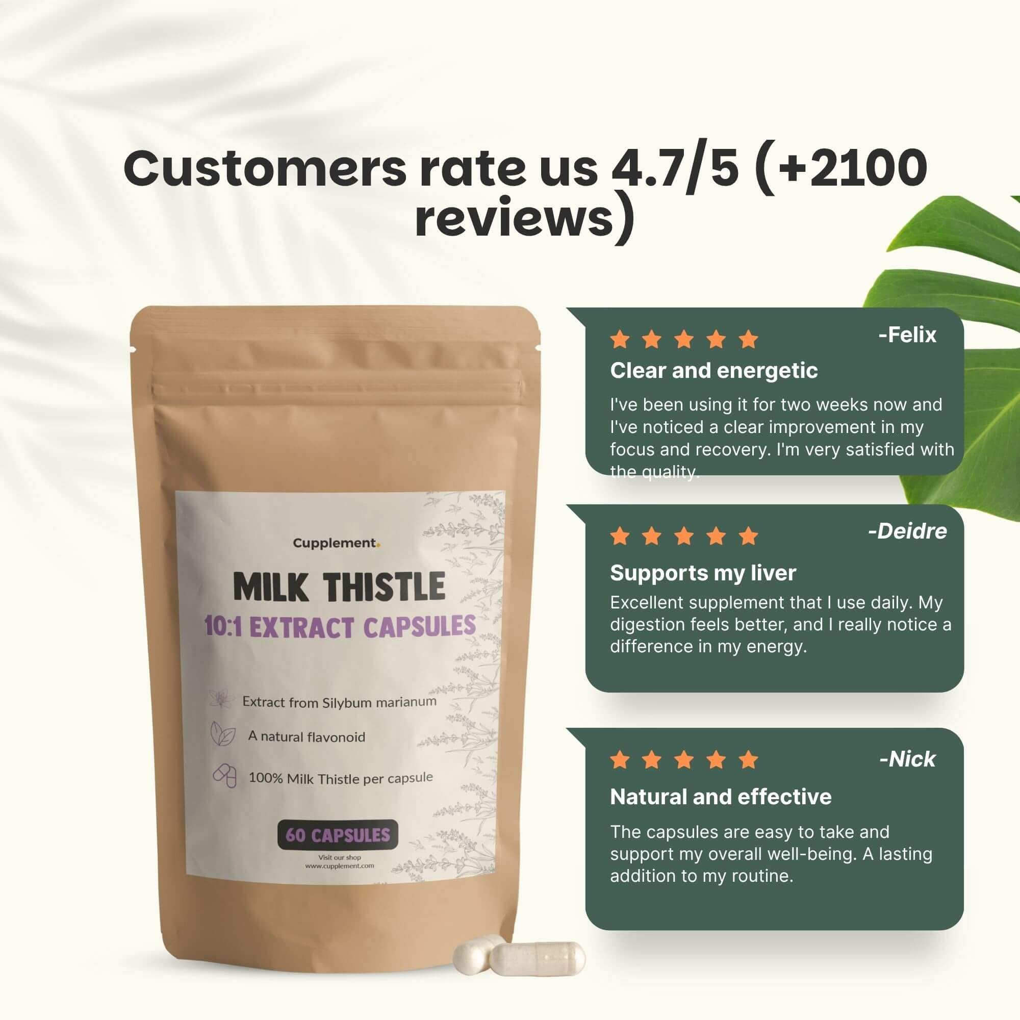 Sachet de gélules. Texte : Nos clients nous évaluent à 4,7 sur 5 étoiles. Citations de clients.