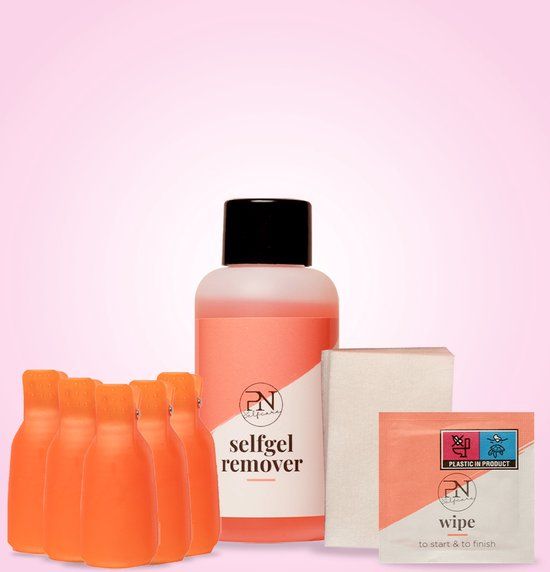 Fles, pads, doekjes en oranje clips. Opschrift: selfgel remover en wipe. Roze achtergrond.