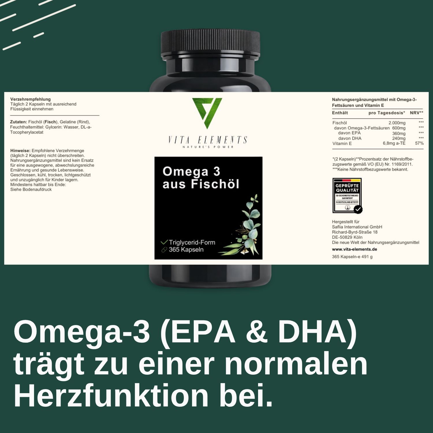 Etiket van de pot: Vita Elements Omega 3 uit visolie, 365 capsules, triglyceridenvorm.