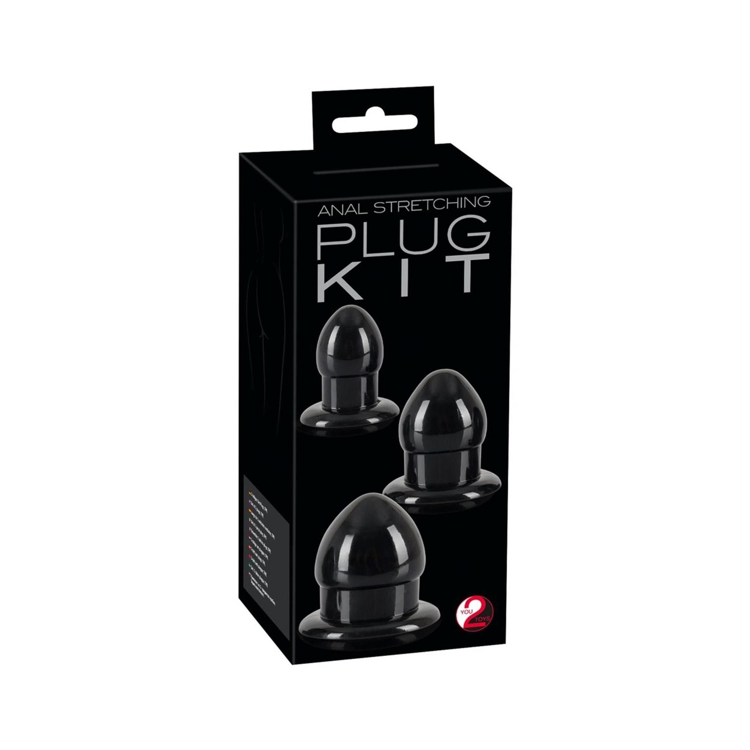 Emballage du kit de plugs d'étirement anal avec trois tailles de plugs noirs.