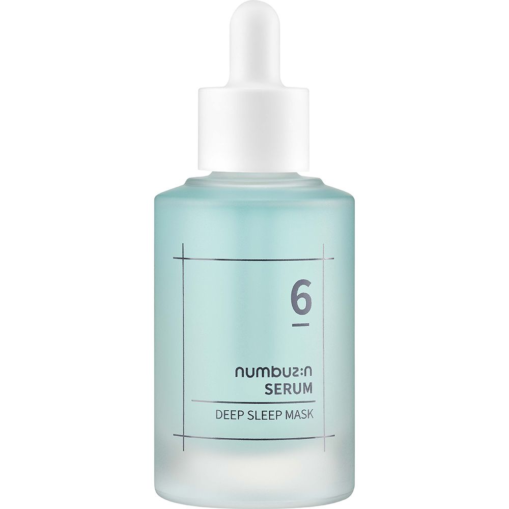 Flacon de sérum bleu transparent avec bouchon et pipette blancs. Inscription : 6, Serum, Deep Sleep Mask.