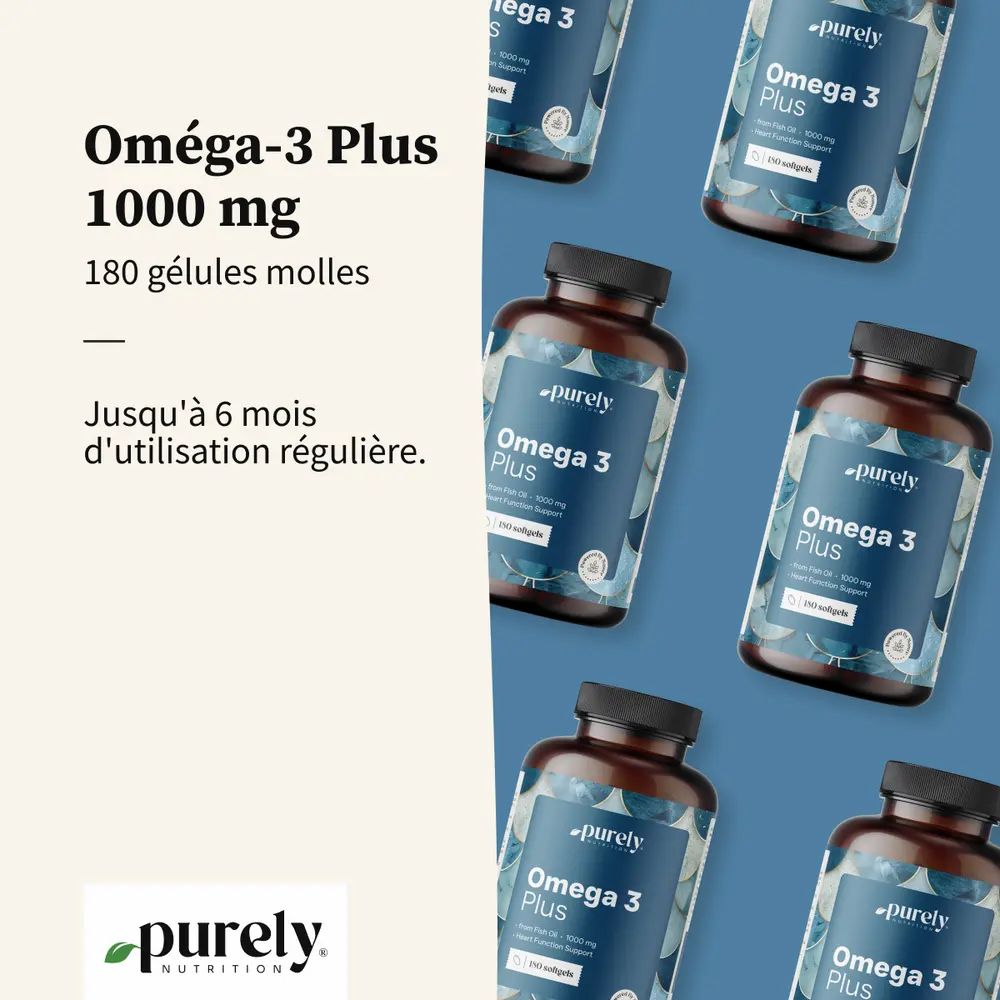 Plusieurs flacons Omega-3 Plus. Inscription: Purely Nutrition, 180 gélules molles. Texte: Jusqu'à 6 mois d'utilisation régulière.
