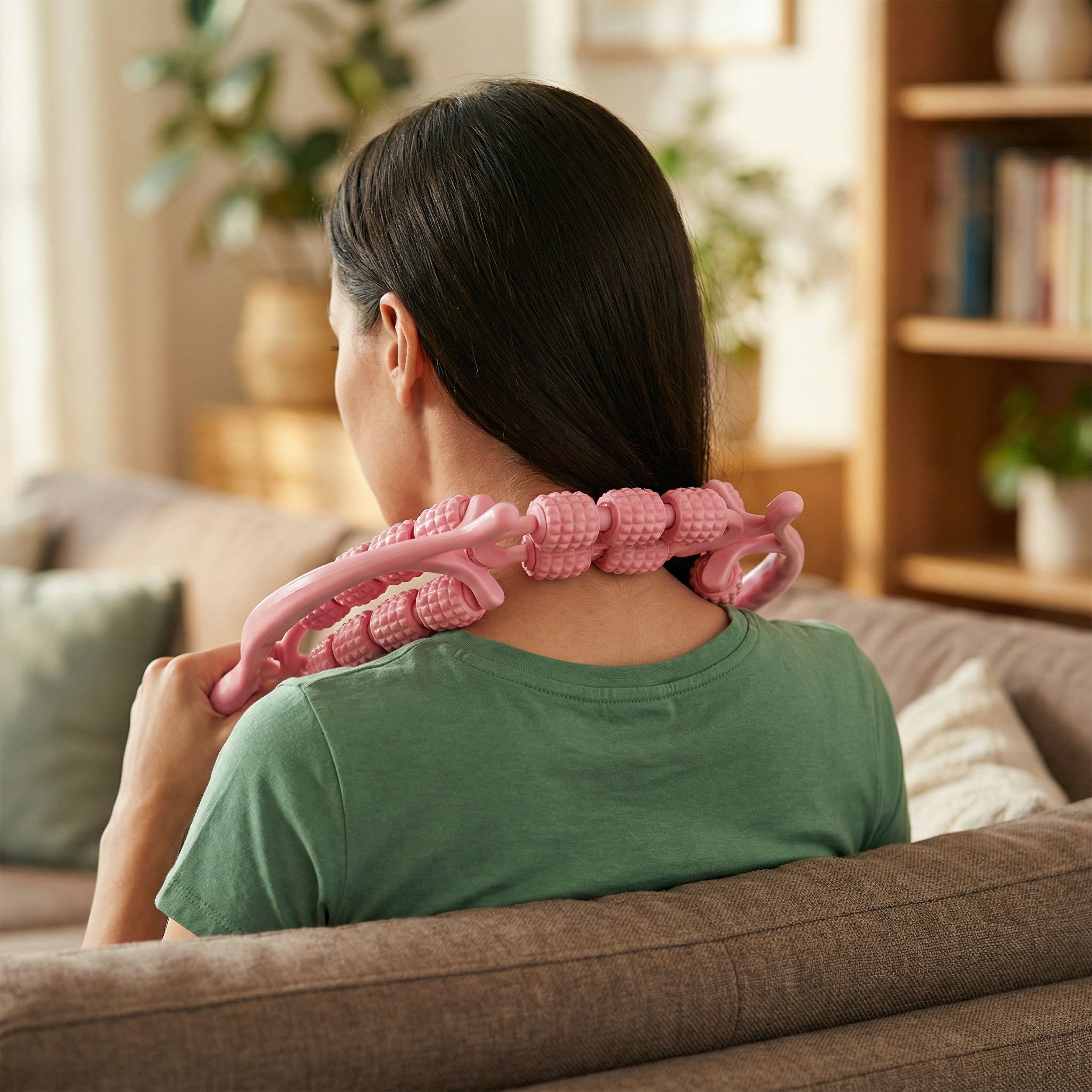 Roze massageroller. Vrouw houdt apparaat op nek. Rollen en handvat zichtbaar. Vrouw zit op de bank.