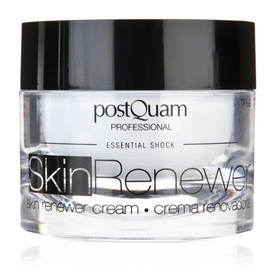 Glazen crèmepot met zwarte deksel. Opschrift Skin Renewer en PostQuam Professional. Crème met glycolzuur.