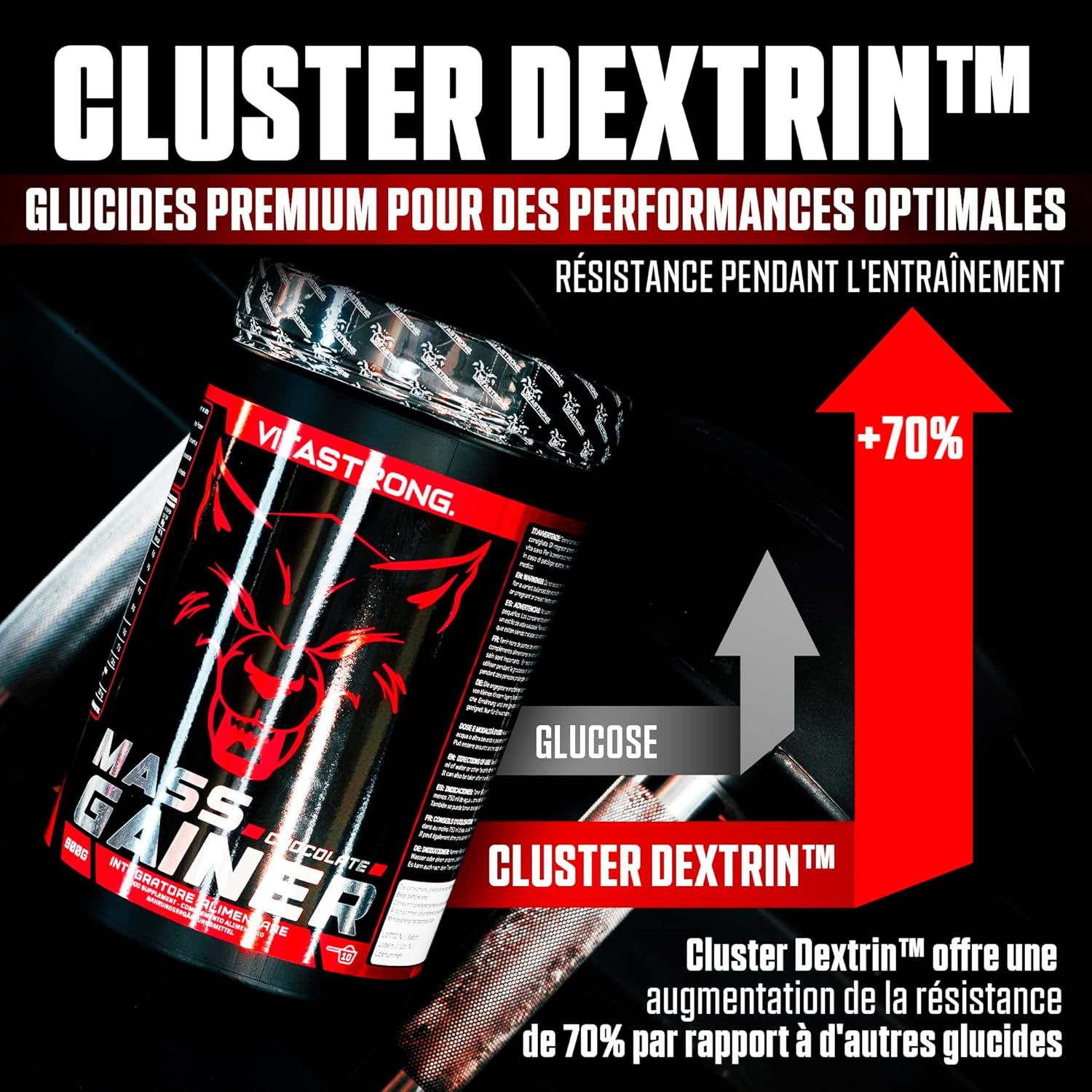 Vitastrong Mass Gainer-container. Zwarte container met rood label. Bevat Cluster Dextrin, premium koolhydraten voor maximale prestaties.