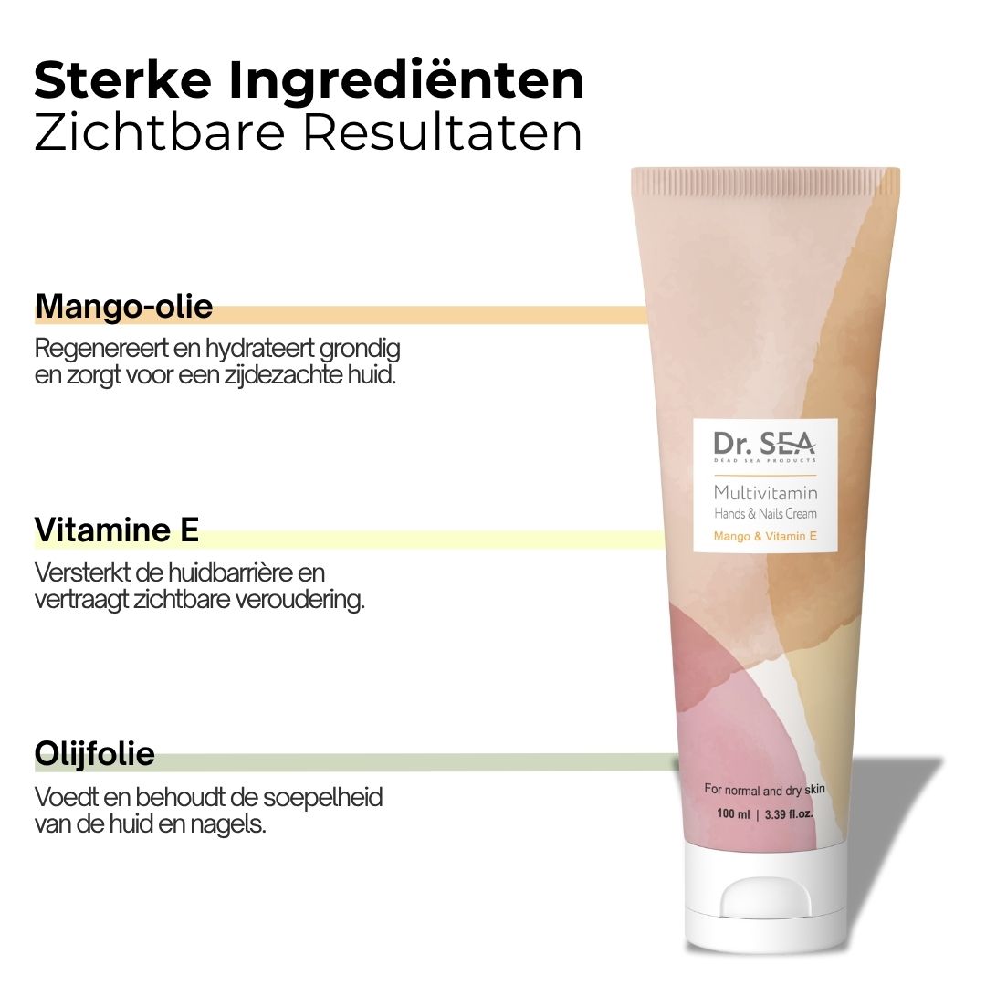 Crèmetube. Opschrift: Dr. SEA, Multivitamin, Hands & Nails Cream, Mango & Vitamin E. Voor normale en droge huid.