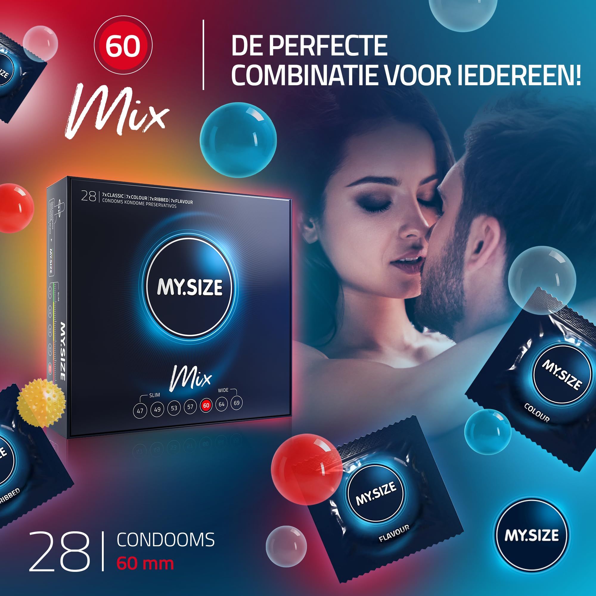 MY.SIZE Mix condooms, 28 stuks, maat 60mm. Vier soorten: Classic, Colour, Flavour, Ribbed.