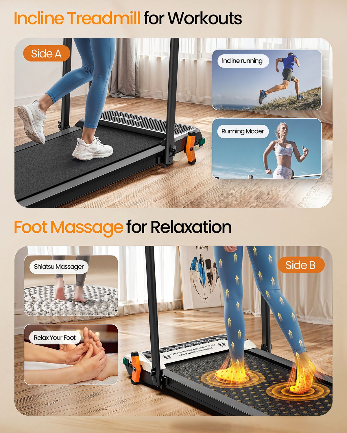 Twee loopbanden. Boven: Incline Treadmill for Workouts. Onder: Foot Massage for Relaxation. Afbeeldingen tonen de functies.