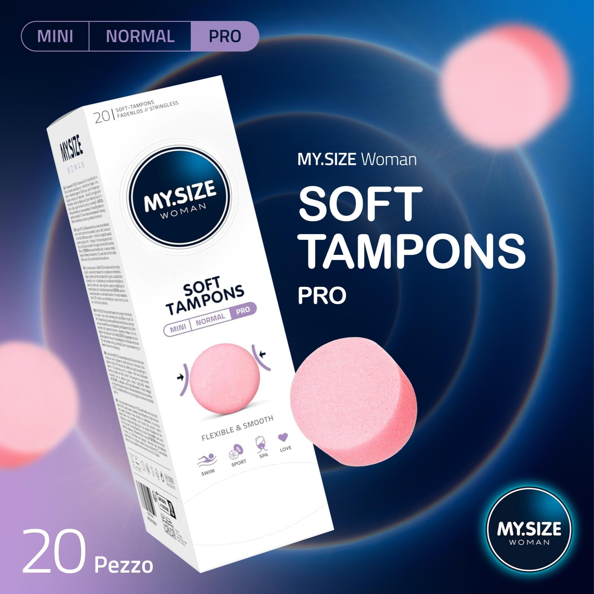 Emballage de tampons doux MY.SIZE Woman Pro, 20 pièces. Tampons roses, flexibles et lisses.