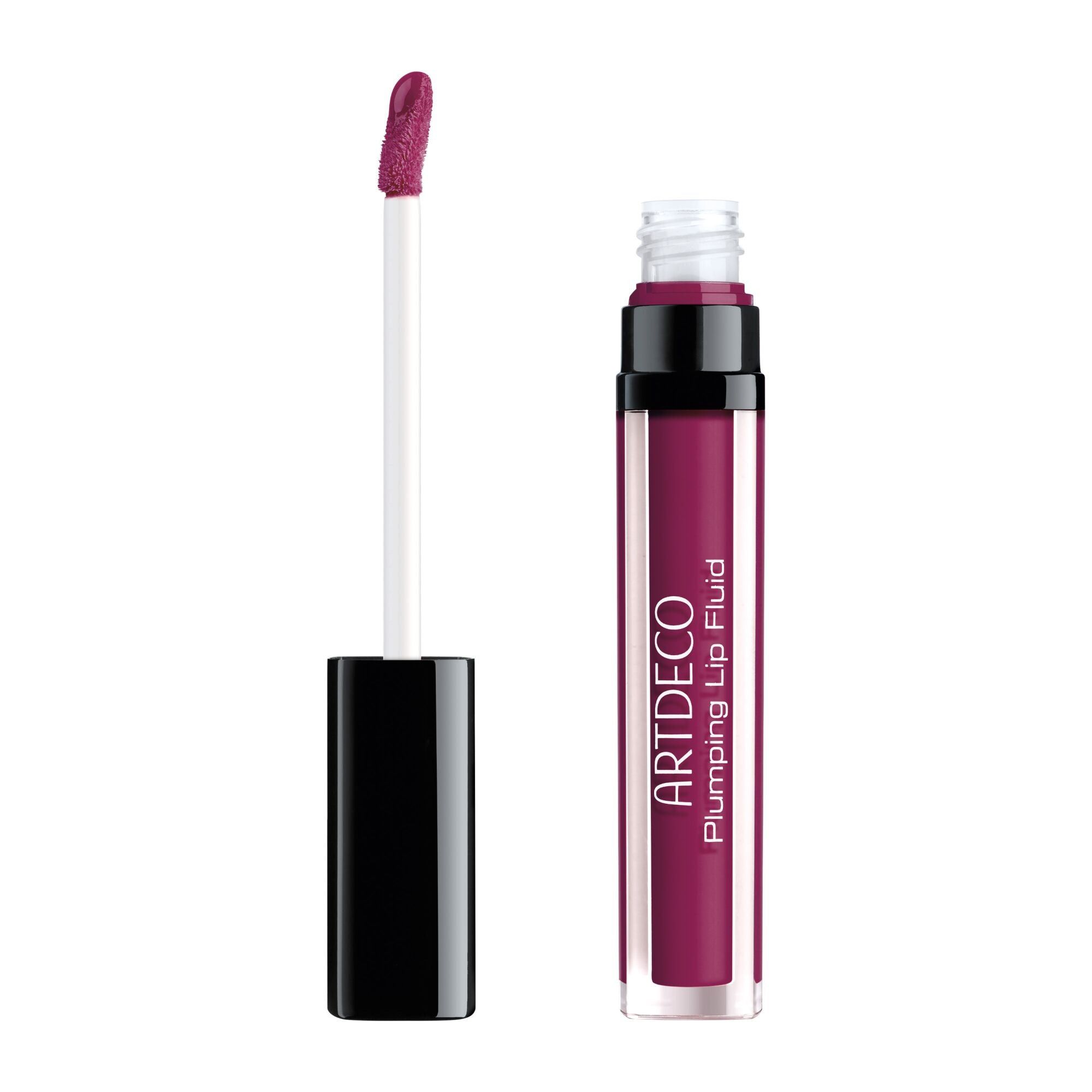 ARTDECO Plumping Lip Fluid dans un flacon transparent avec applicateur et capuchon noirs. Le fluide à lèvres est de couleur rose foncé.