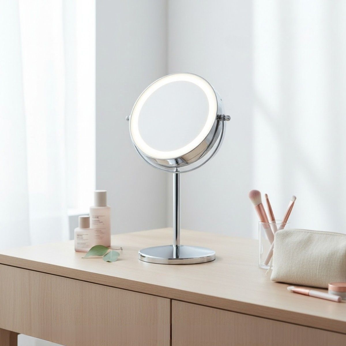 Miroir de maquillage rond avec éclairage LED sur une table avec des cosmétiques.
