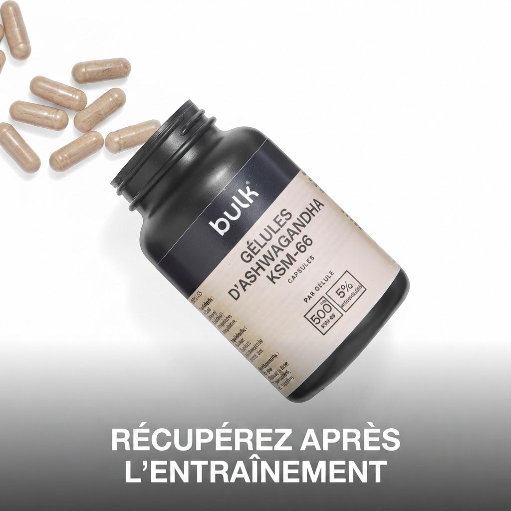Bouteille de gélules Ashwagandha KSM-66, avec des gélules à côté.