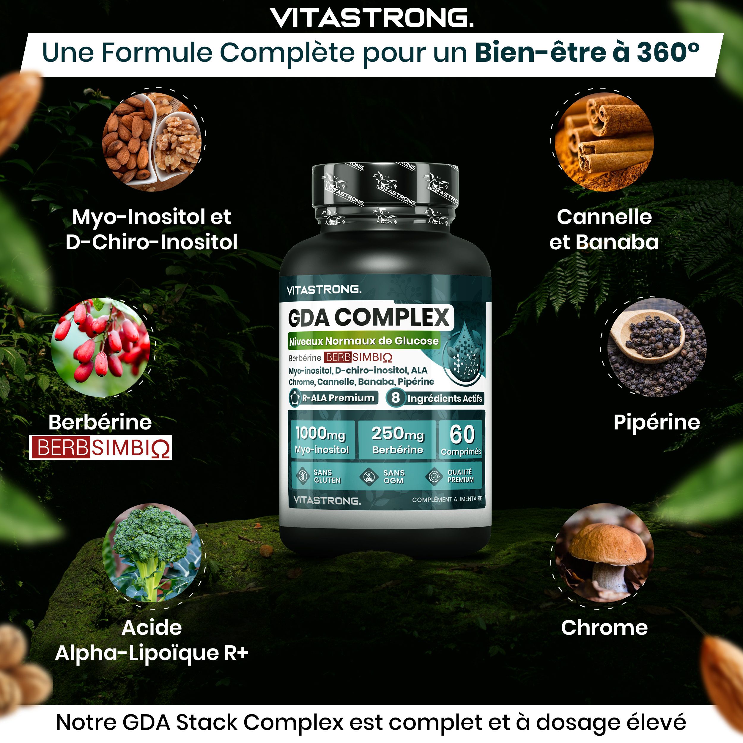 Vitastrong GDA Complex, 60 tabletten. Verpakking met ingrediënten: Myo-Inositol, D-Chiro-Inositol, Kaneel, Banaba, Piperine, Chroom.