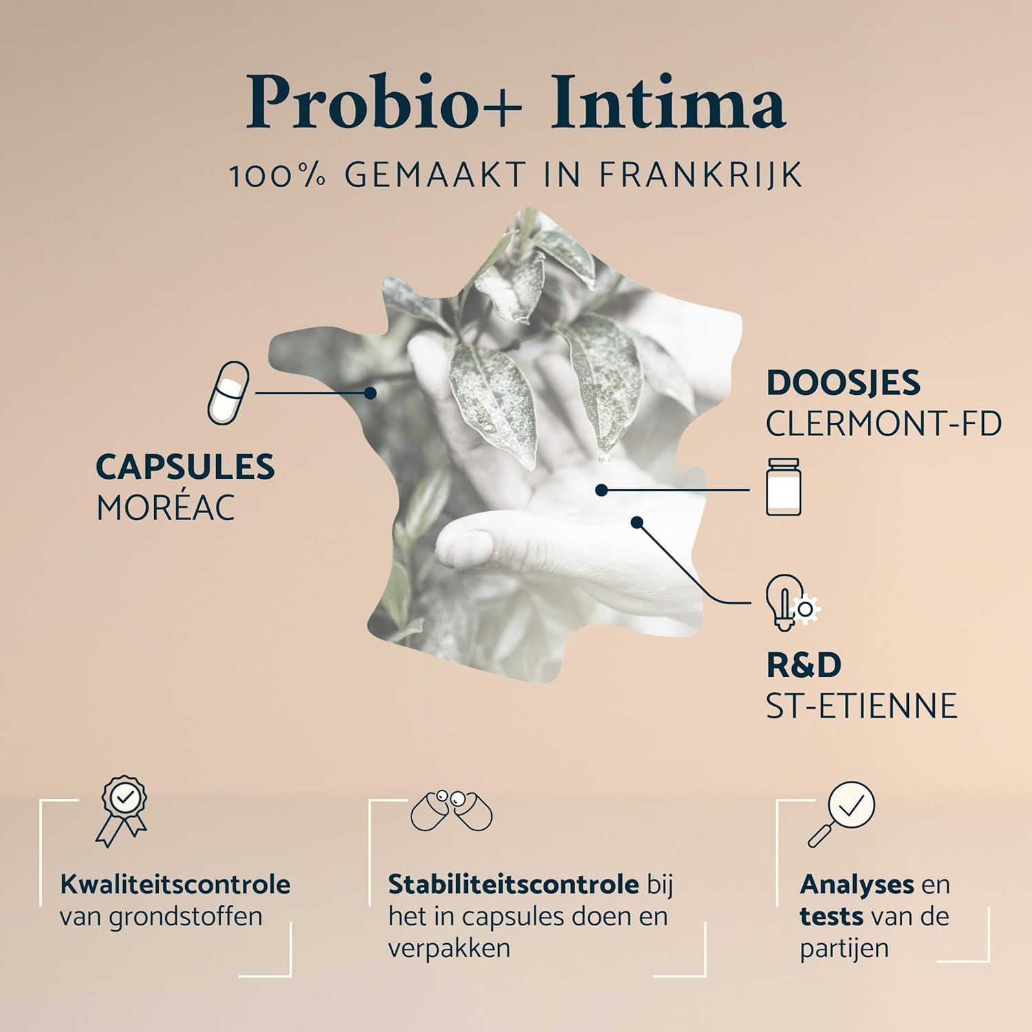 Grafiek "Probio+ Intima" en "100% GEMAAKT IN FRANKRIJK". Toont een kaart van Frankrijk met productielocaties voor capsules, verpakking en R&D.