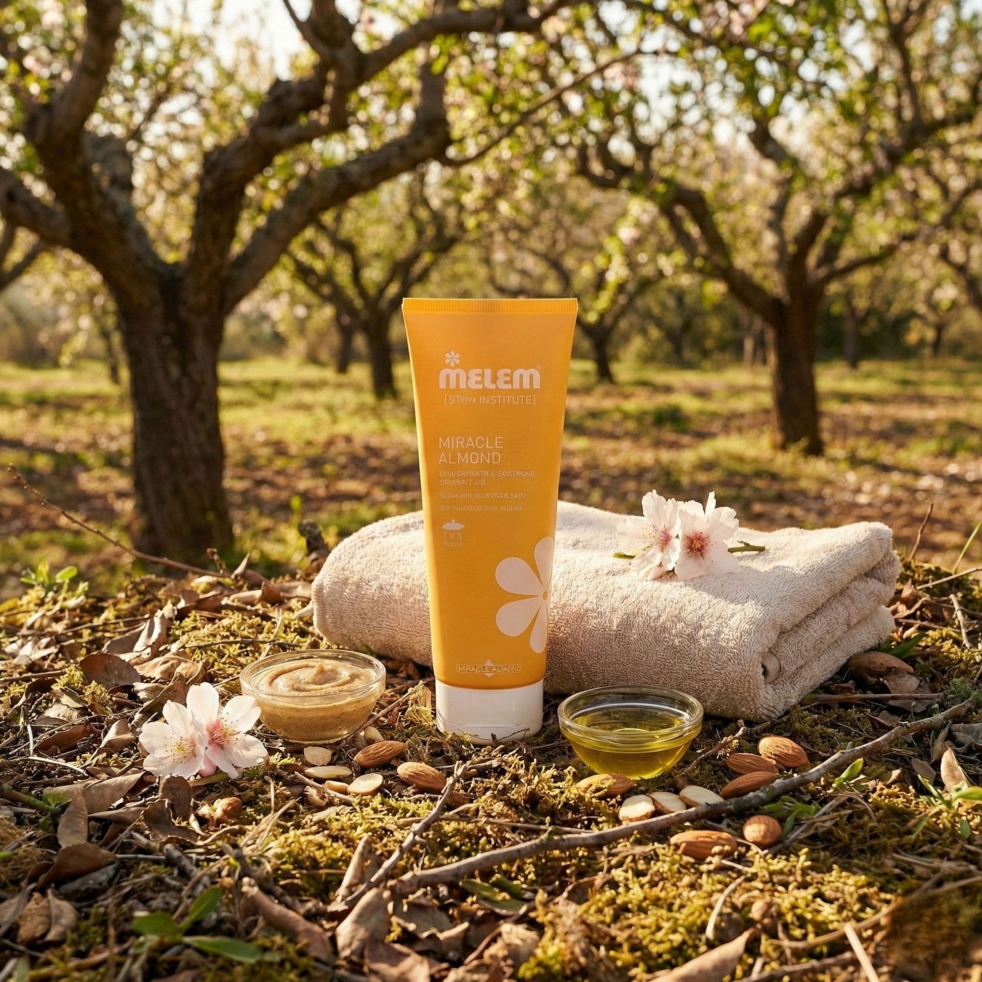 Gele tube Melem, Miracle Almond. Verzorgende en verzachtende doucheolie. Op mos met amandelen, bloemen en een handdoek.