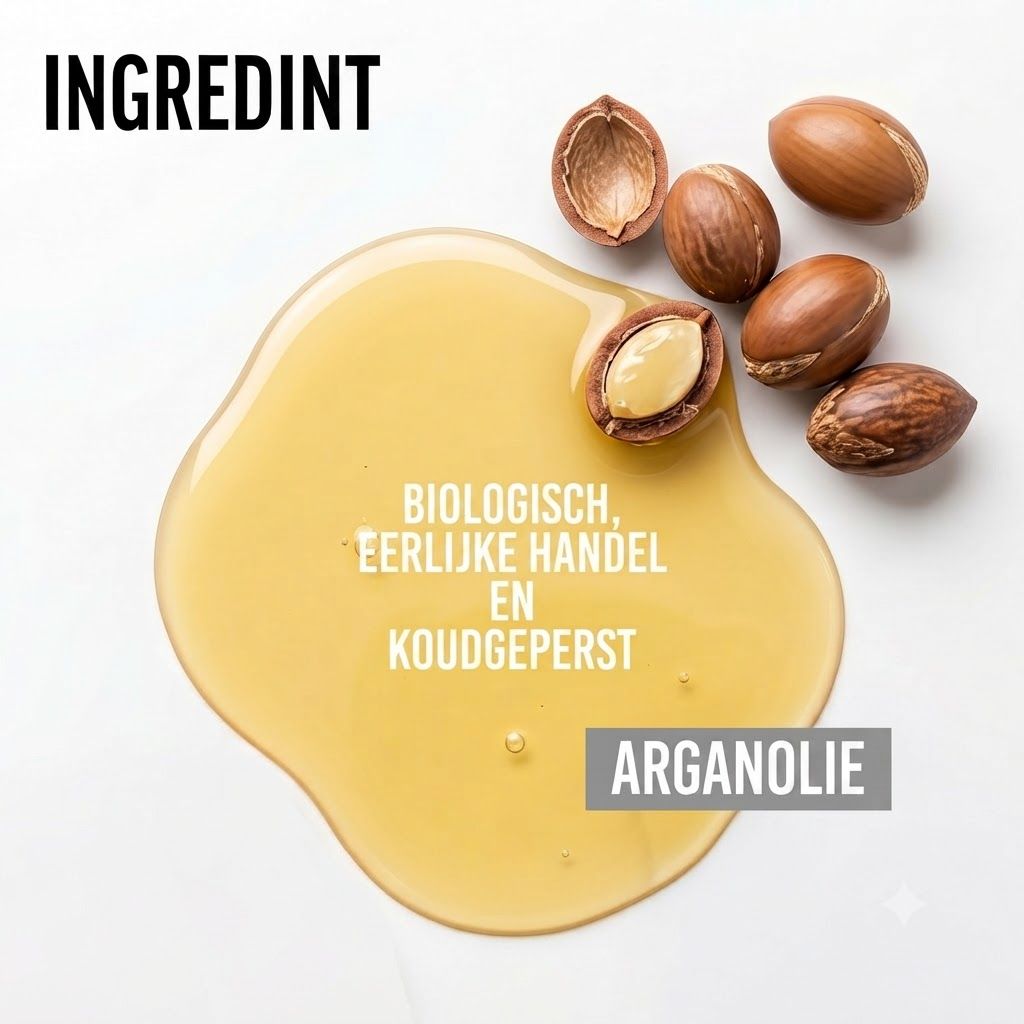 Druppel arganolie met arganamandelen, tekst "Arganolie".