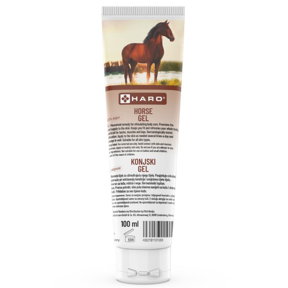 Tube met paardenafbeelding. Tekst: HARO Horse Gel. Bruine tube met witte dop. Tekst: 100 ml.