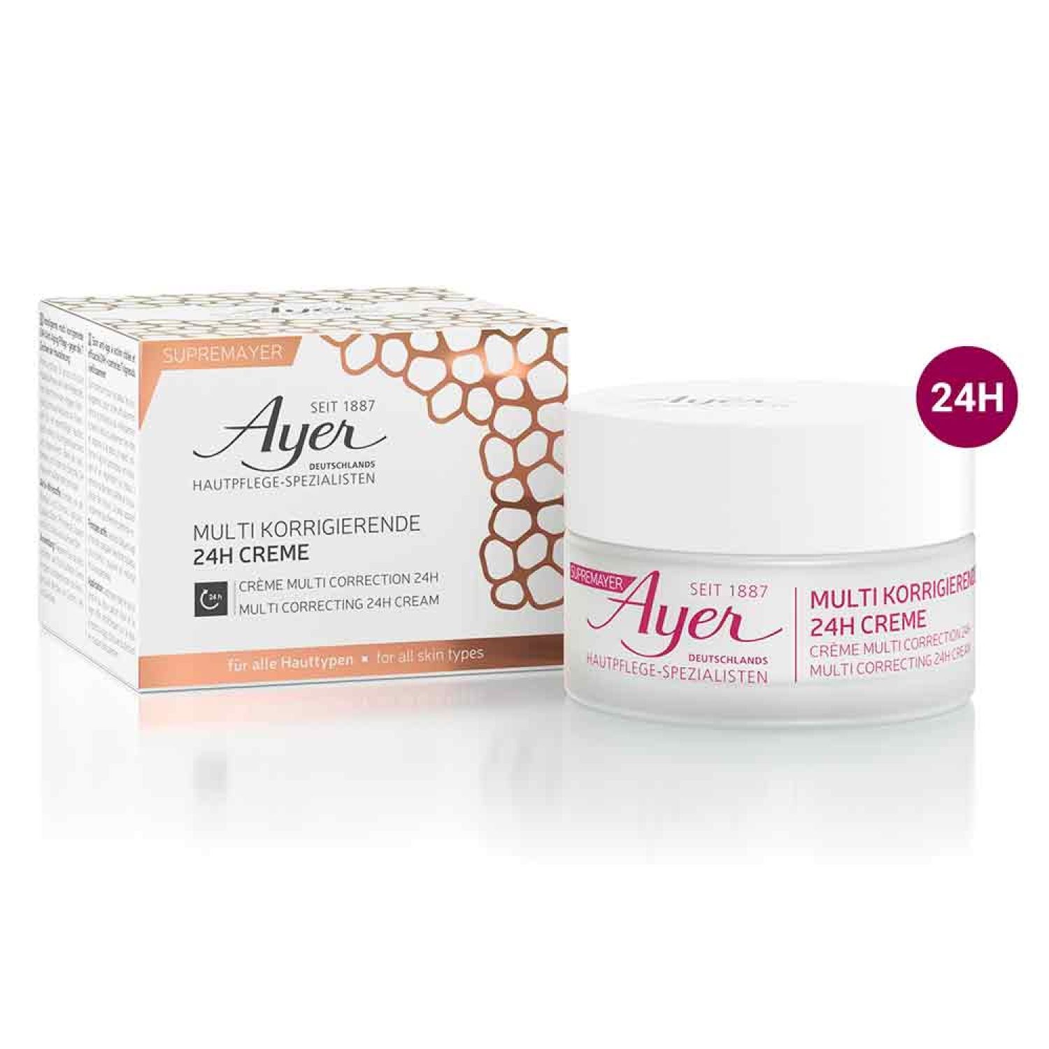 Pot de crème et boîte. Inscription : Ayer, Crème Multi Correctrice 24h. Pour tous types de peau. Symbole 24H.