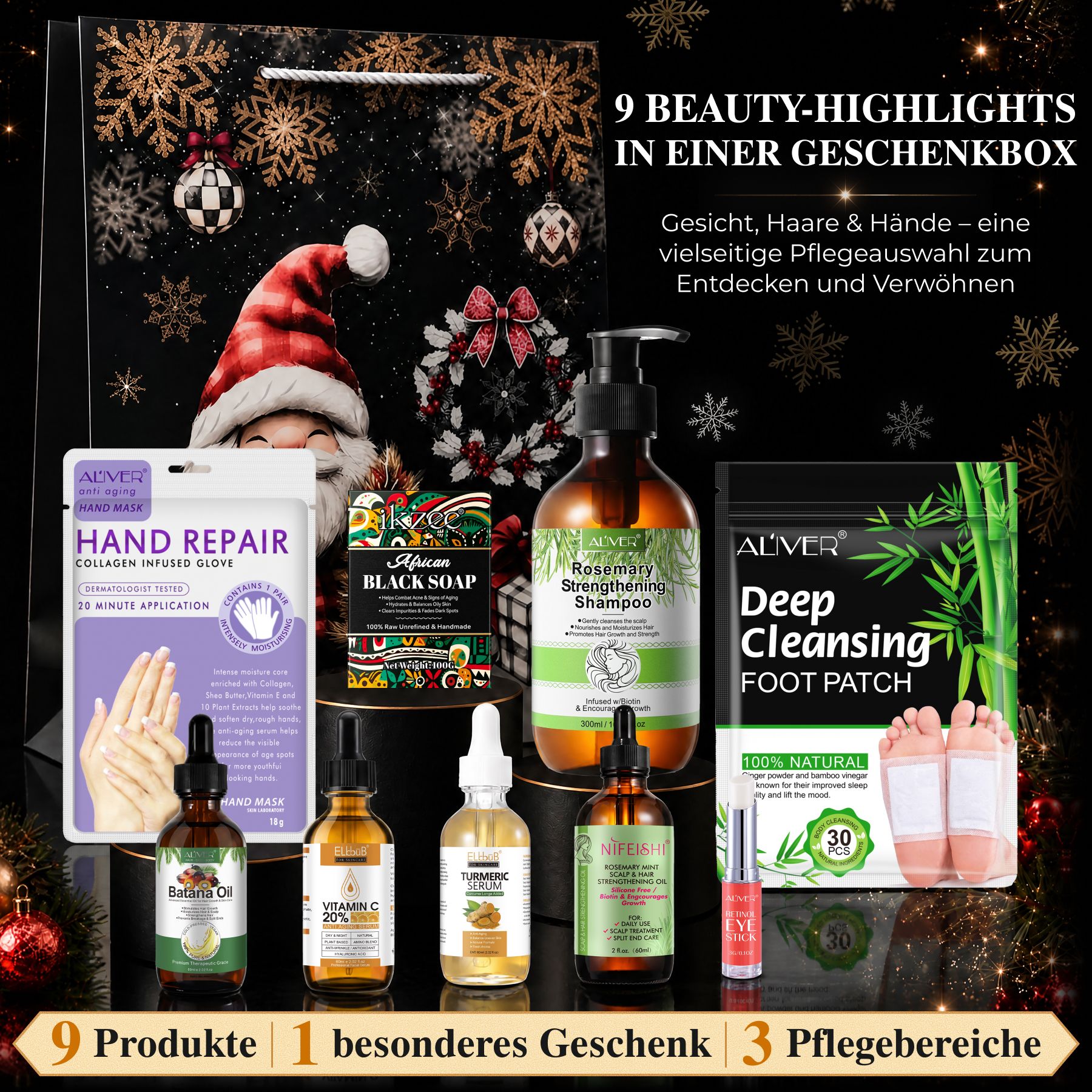 Boîte cadeau beauté avec 9 points forts de soins pour le visage, les cheveux et les mains, décorée pour Noël.