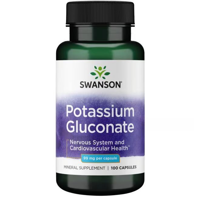 Flacon vert avec bouchon noir. Étiquette avec logo "SWANSON", "Potassium Gluconate", 99 mg par capsule et 100 capsules.
