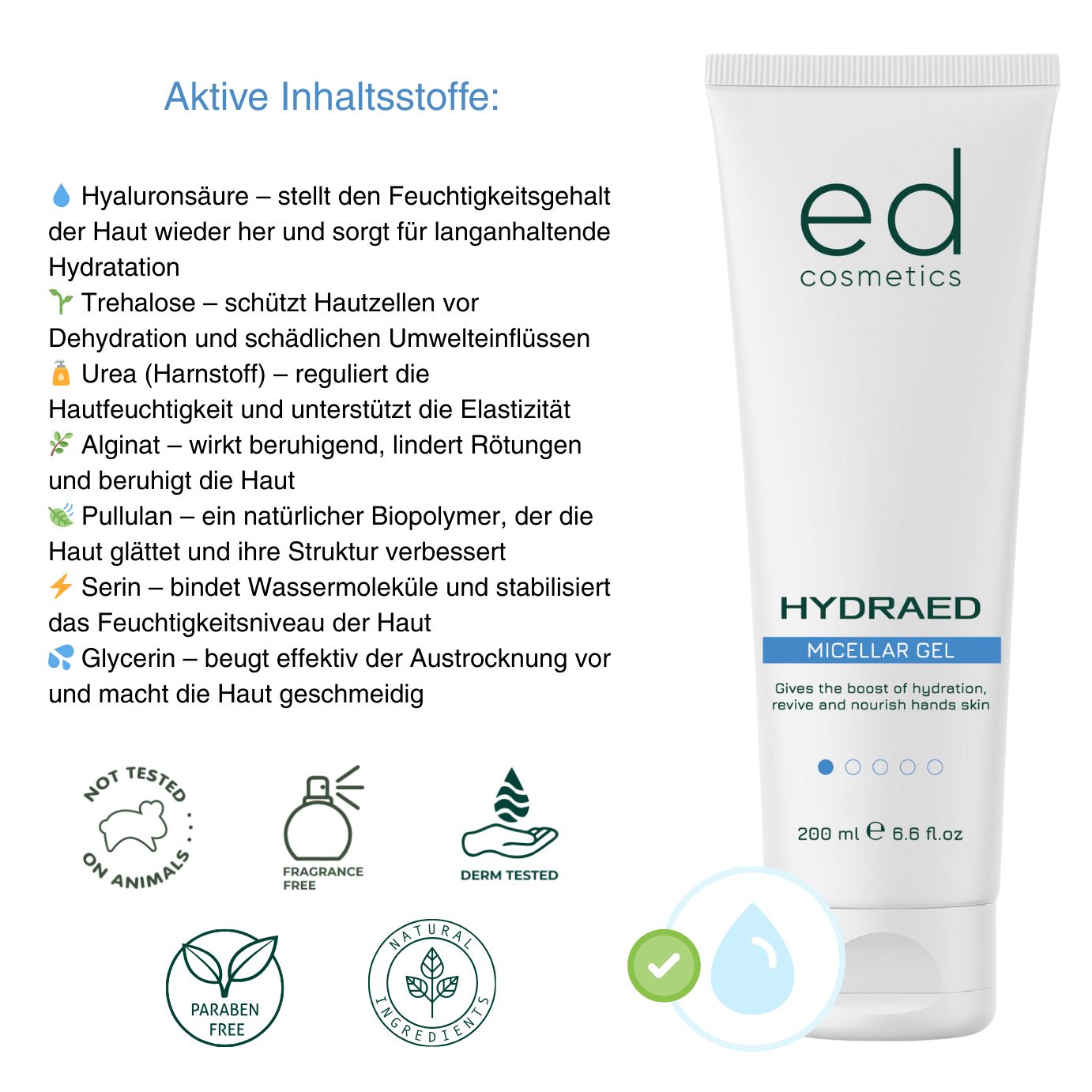 Tube blanche avec logo "ed cosmetics" vert. "HYDRAED MICELLAR GEL" et bande bleue. Éléments de texte et logos supplémentaires.