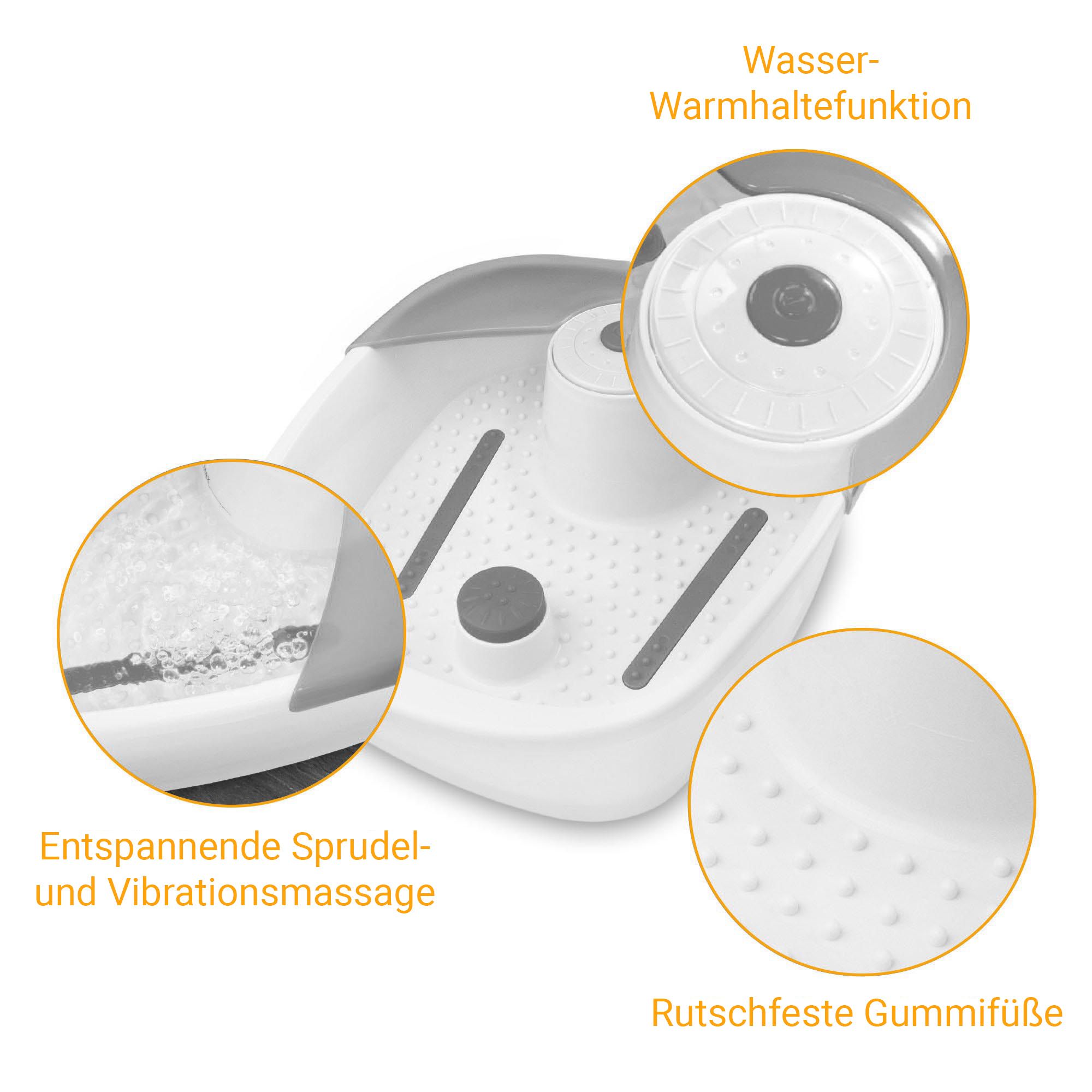 Gedetailleerde weergave van een voetbad met bubbel- en vibratiemassage.