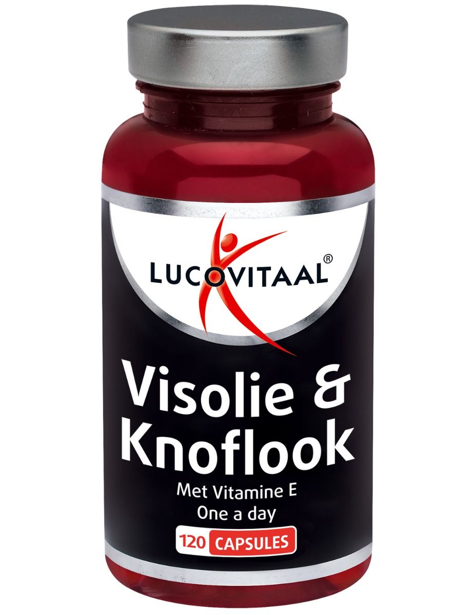 Rode fles met zilveren dop. Opschrift: Lucovitaal, Visolie & Knoflook, Capsules.