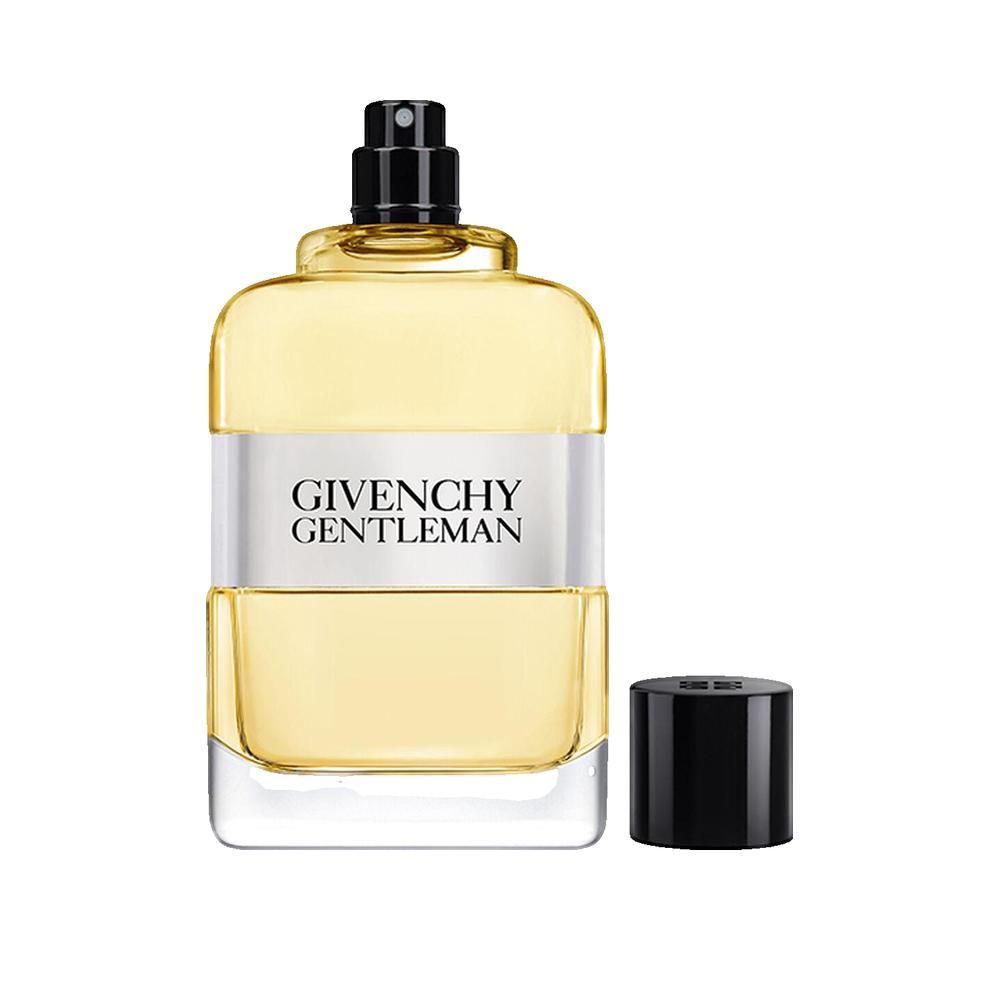 Givenchy Gentleman Eau de Toilette. Rechthoekige fles, zwarte dop. Witte band met logo. Dop ernaast.