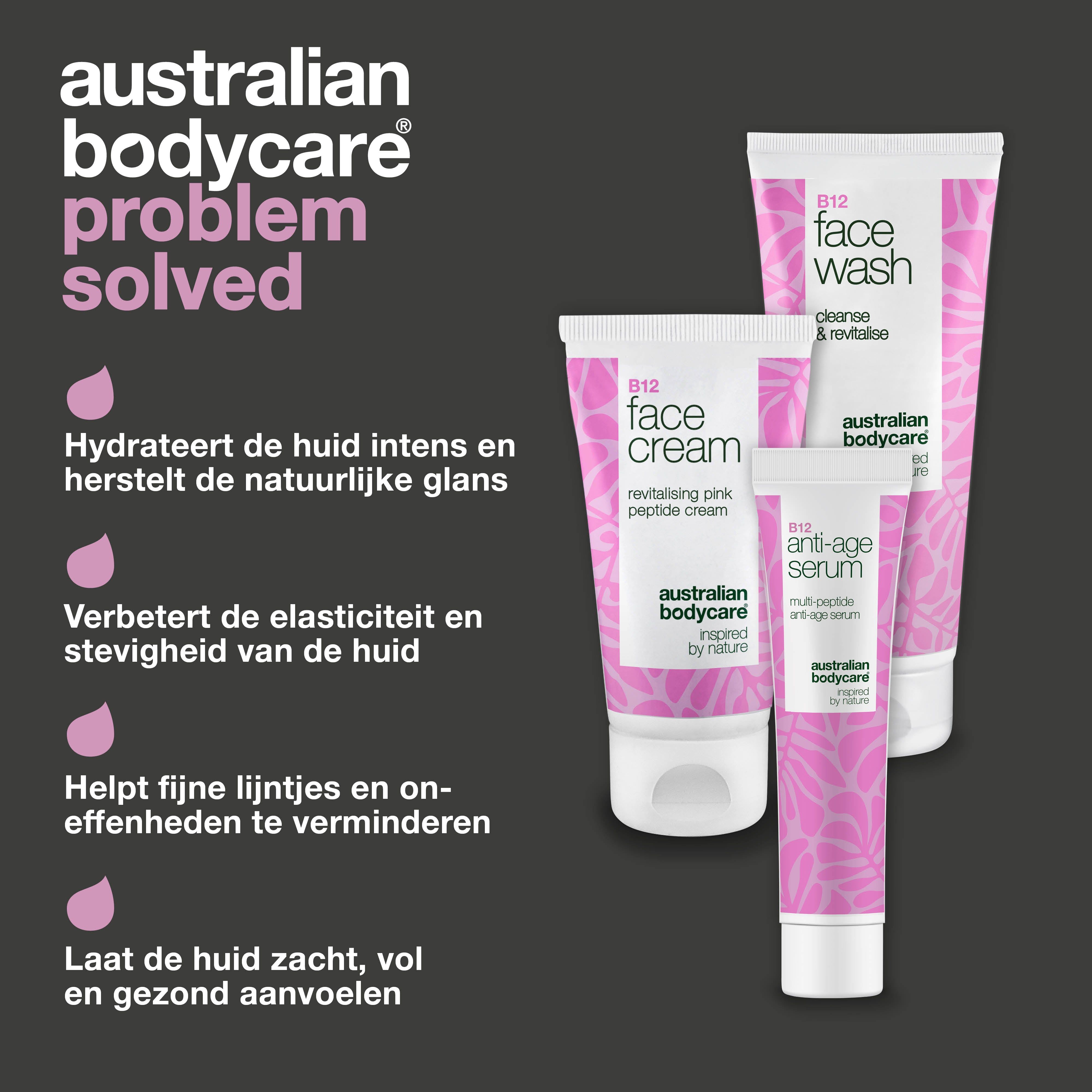 Drie tubes: Face Wash, Face Cream en Anti-Age Serum. Tekst: hydratatie, elasticiteit, vermindering van rimpels.