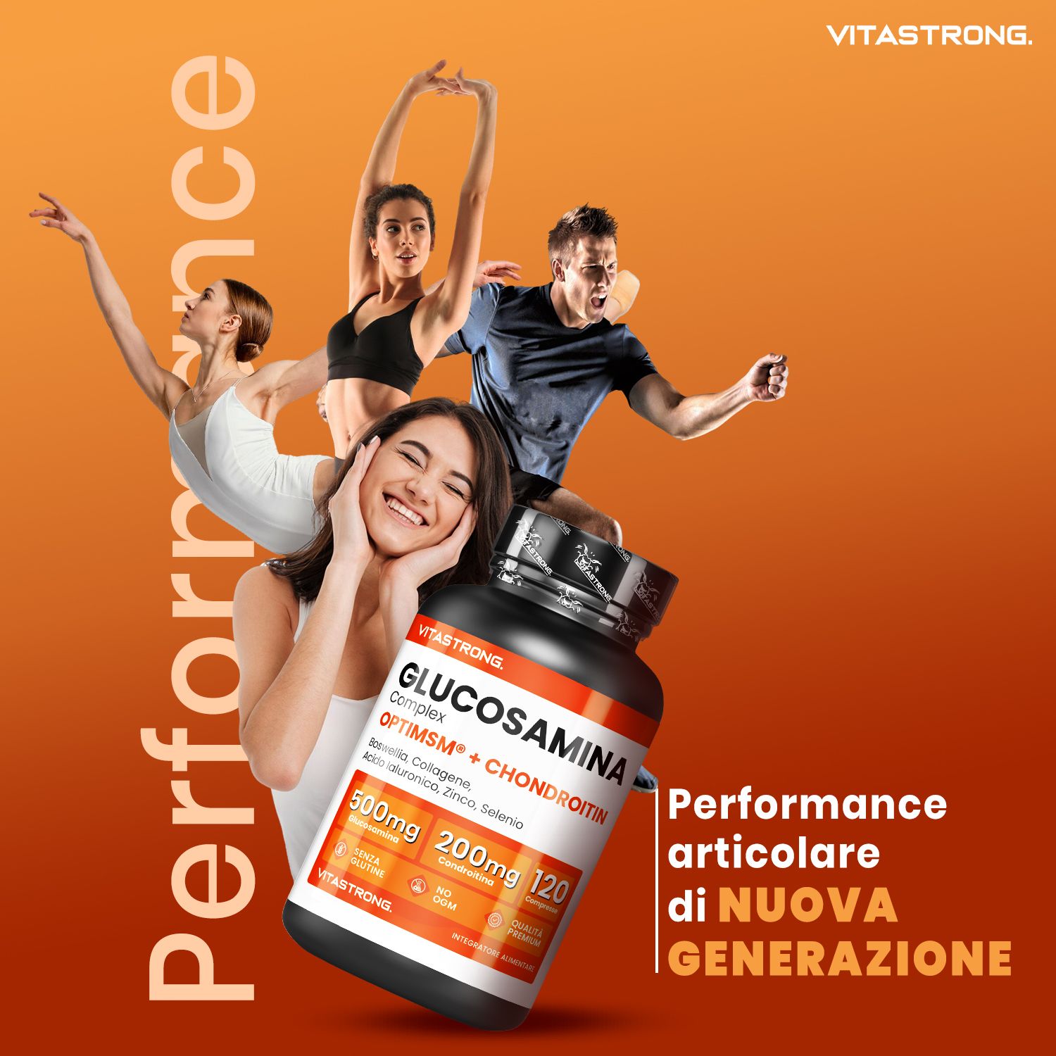 Vitastrong Glucosamine + Chondroïtine. Flacon de comprimés. Athlètes en arrière-plan. Texte : Performance.